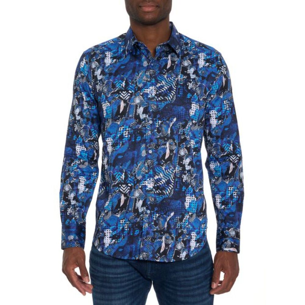 Robert Graham Men's Long Sleeve Sport Shirt Blue Abstract Fantan Medium NWT